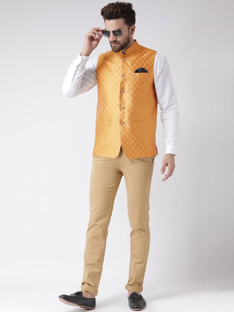 Men's Yellow 
Polyester
 Woven Design Nehru Jackets